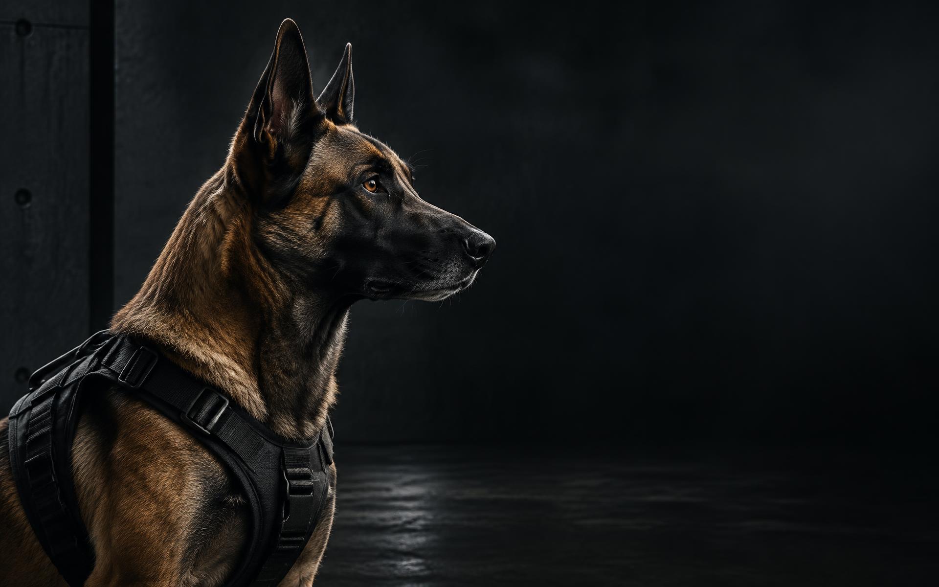 Cão K9 em perfil, pronto para operação