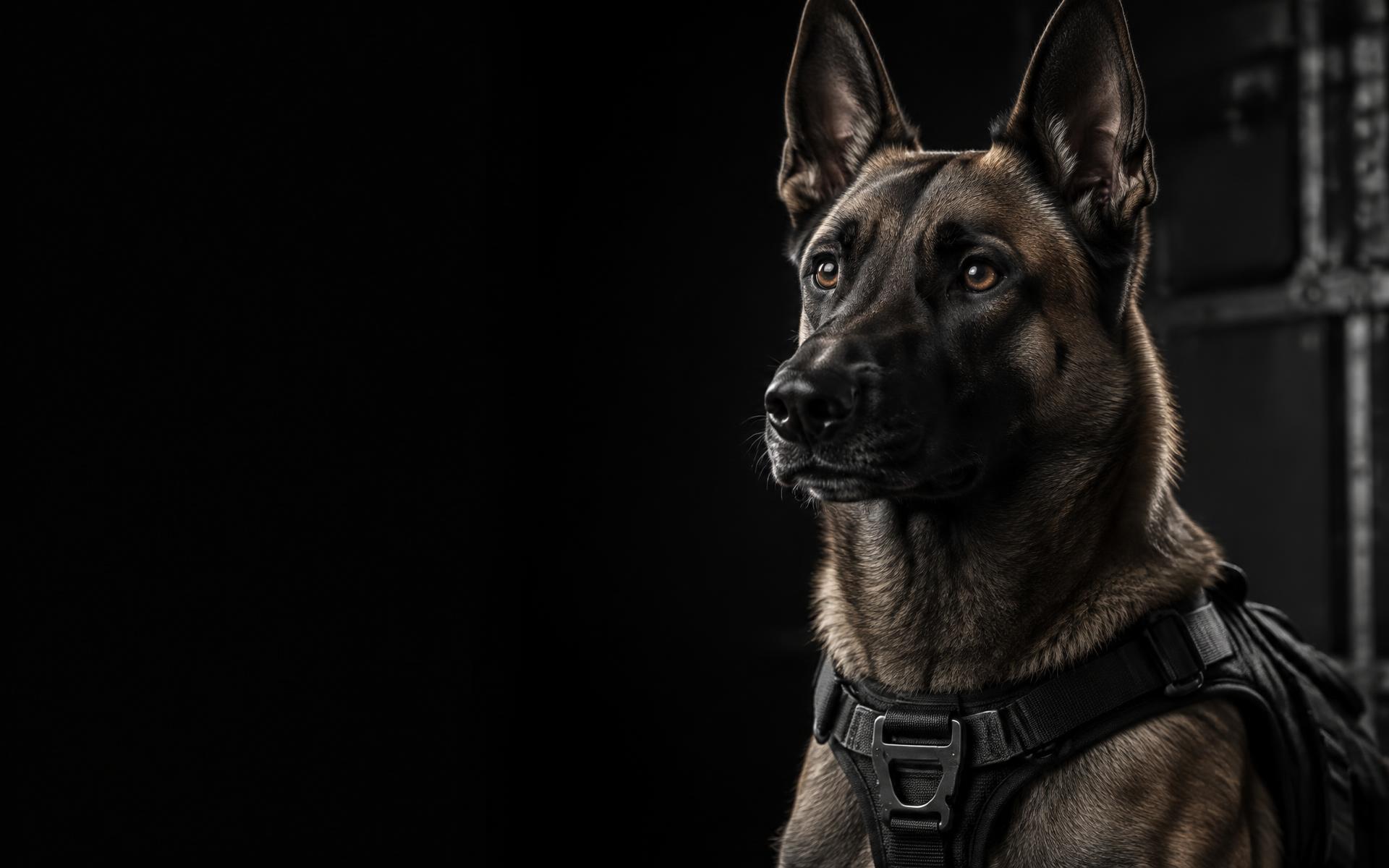 Cão K9 de trabalho em retrato editorial